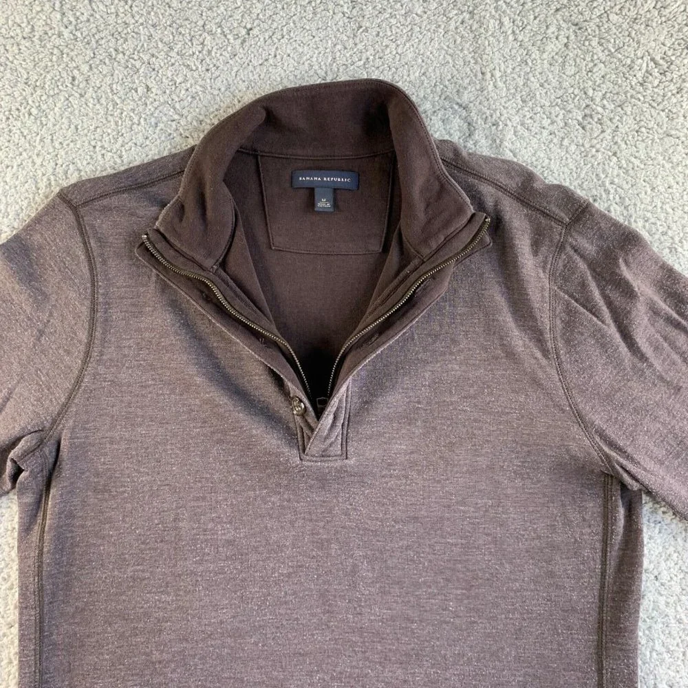 Banana Republic Sweater Mens Medium Brown Button 1/2 Zip Mock Pullover READ‎